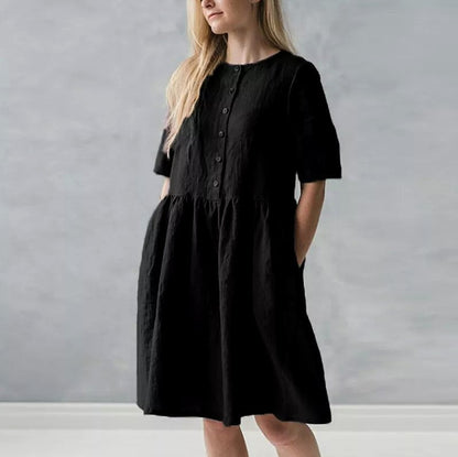 Women’s Midi Dress – Cotton Linen Blend – Relaxed Fit – Button Front with Pockets