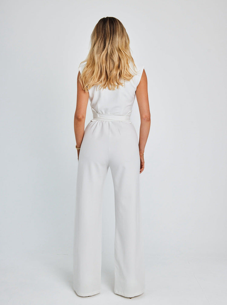 Women's Jumpsuit - Sleeveless Wide-Leg Design - High-Waisted Elegant Fit