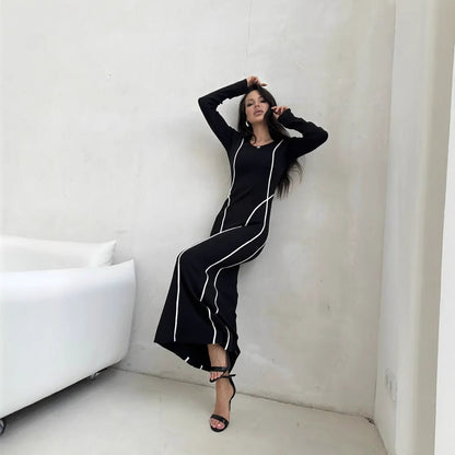 Women’s Bodycon Dress – Long Sleeve – Scoop Neck – Slim Fit – Full Length – Contrast Trim