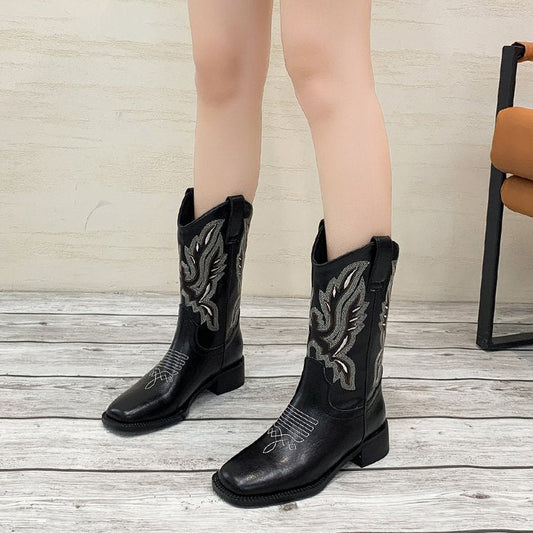 Leather Embroidered Western Mid-Calf Boots