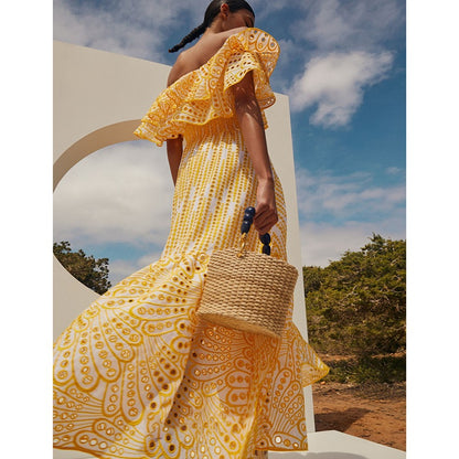 Women's Off-Shoulder Maxi Dress - Ruffle Detail - Smocked Bodice - Flowy A-Line Fit