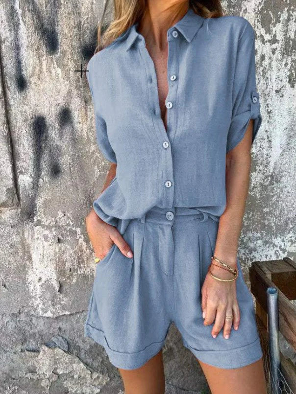 Linen Blend Relaxed Fit Button-Up Jumpsuit 