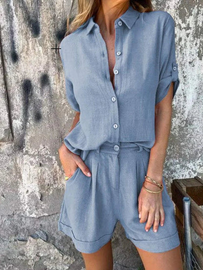 Women’s Jumpsuit – Relaxed Fit – Button-Up Top – Drawstring Waist – Soft Linen Blend