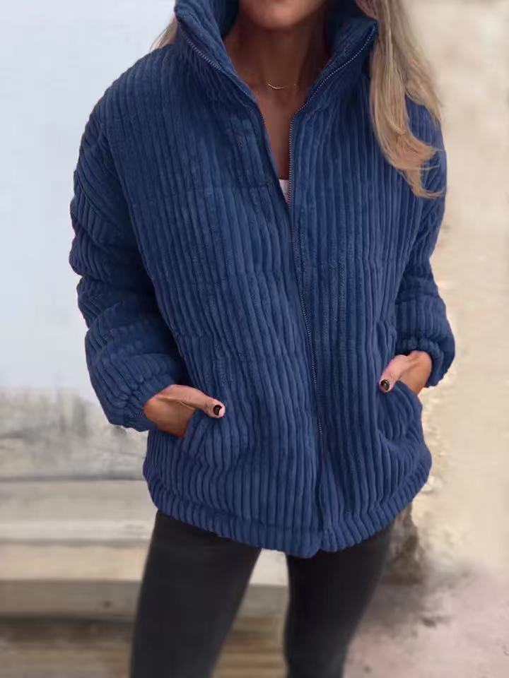 Women’s Corduroy Jacket – Relaxed Fit – Cropped Length – Stand Collar – Zip Front