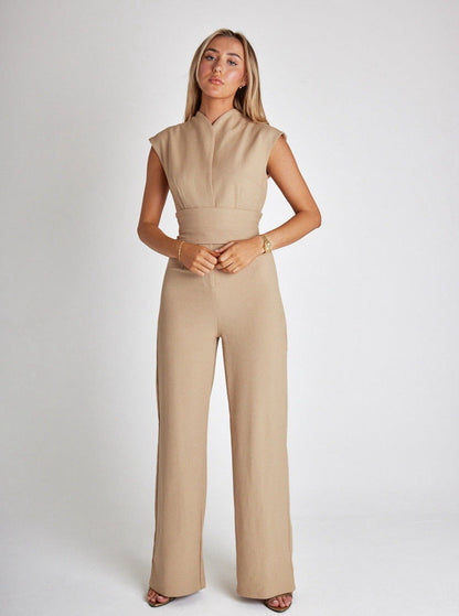 Women's Jumpsuit - Sleeveless Wide-Leg Design - High-Waisted Elegant Fit