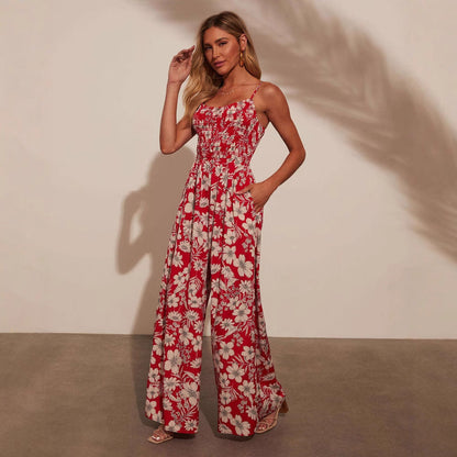 Women’s Jumpsuit – Floral Print – Smocked Bodice – Wide Leg – Spaghetti Straps