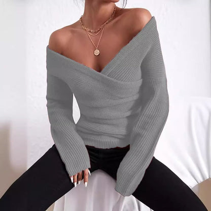 Women’s Sweater – Slim Fit – Ribbed Knit – Off-Shoulder – Wrap V-Neck – Pullover Style