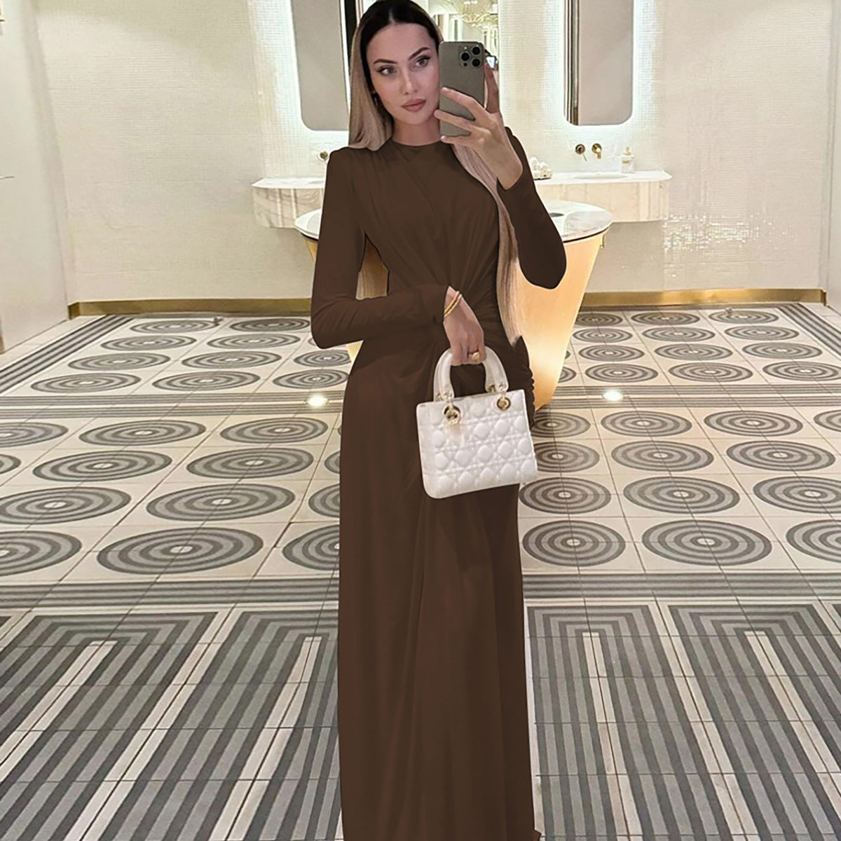 Women’s Evening Dress – Satin Fabric – Slim Fit – Draped Waist – Long Sleeve Gown