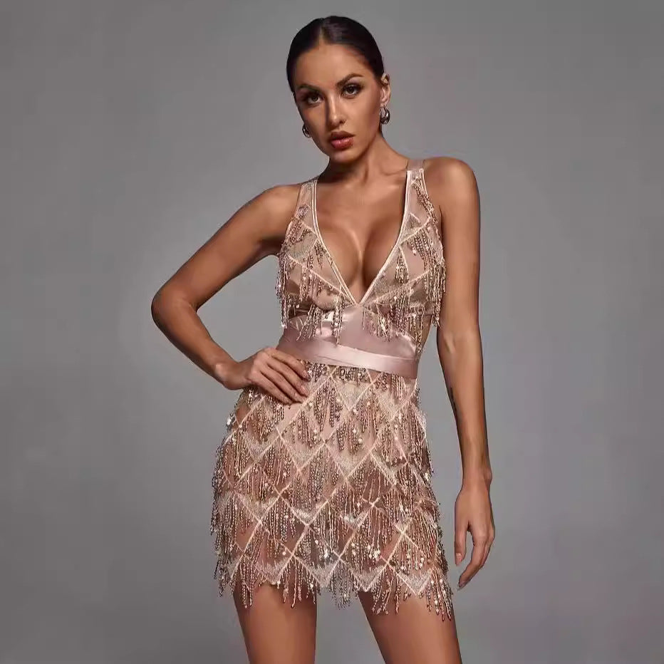 Women’s Mini Dress – Fitted Silhouette – Sequin Tassels – Plunging V-Neck – Sheer Fabric