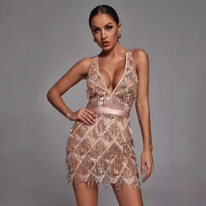 Women’s Mini Dress – Fitted Silhouette – Sequin Tassels – Plunging V-Neck – Sheer Fabric