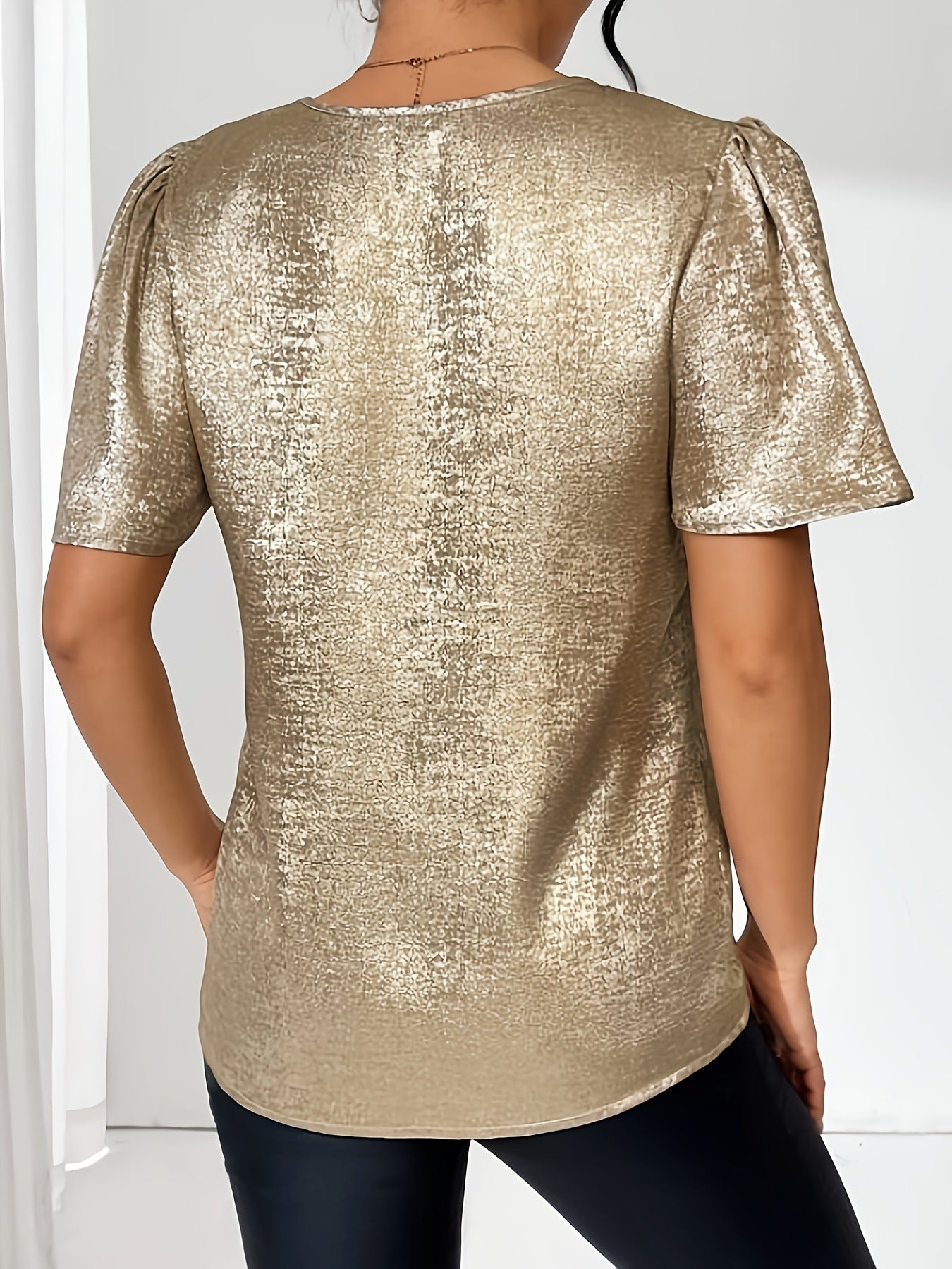 Women's Shimmer V-Neck Top - Loose Fit - Puff Sleeves - Casual Chic