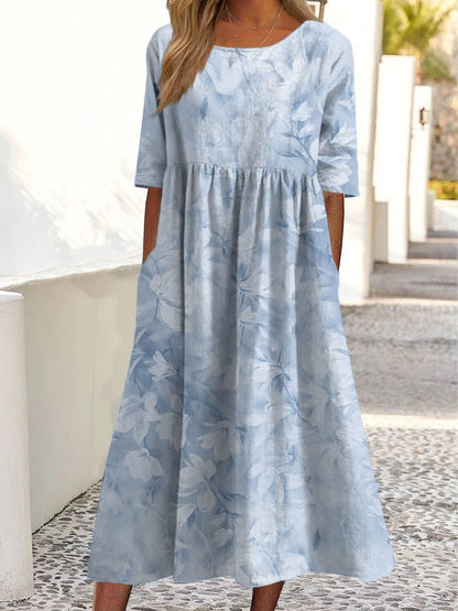 Women's Boho Dress - Relaxed Fit - Three-Quarter Sleeve - Midi Length