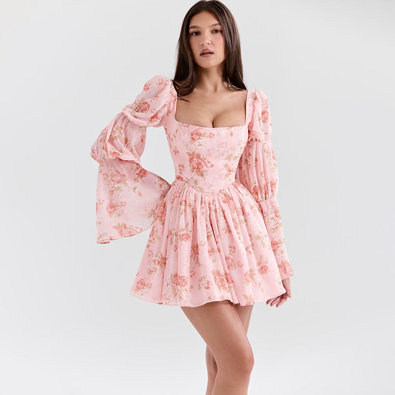 Women’s Mini Dress – A-Line Fit – Puffed Long Sleeves – Square Neck – Floral Print
