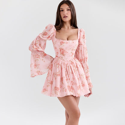 Women’s Mini Dress – A-Line Fit – Puffed Long Sleeves – Square Neck – Floral Print