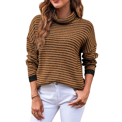 Women’s Turtleneck Knit Sweater – Relaxed Fit – Wool Blend – Striped – Ribbed Trim
