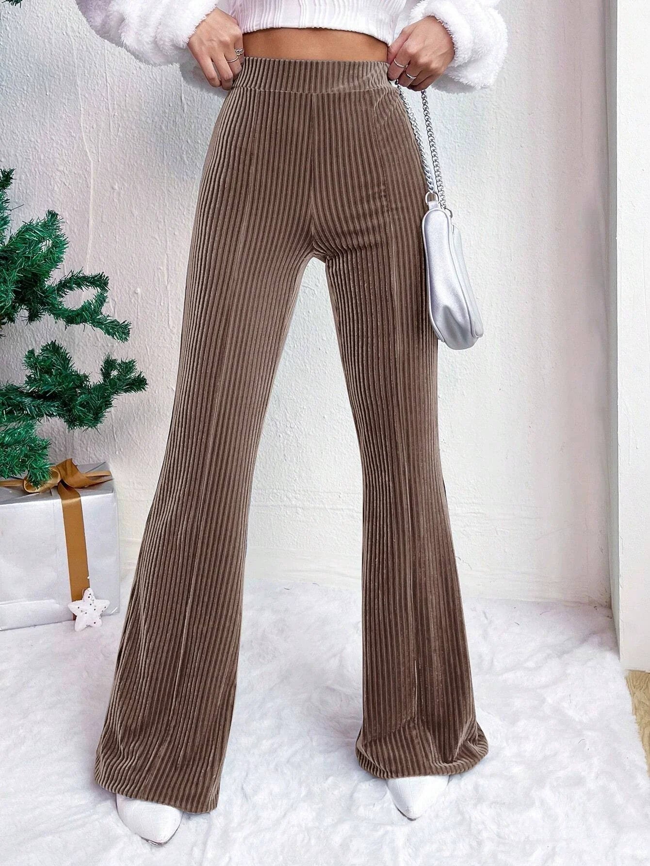 Ribbed Stretch High-Waisted Flared Pants 