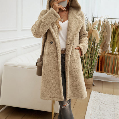 Women’s Knitted Coat – Loose Fit – Hooded – Textured Knit – Mid-Length Layering Piece