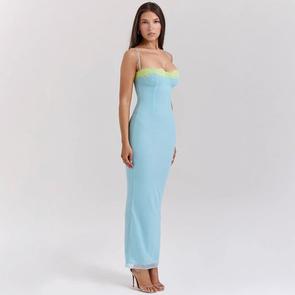 Women’s Maxi Dress – Slim Fit – Spaghetti Straps – Lace Trim – Sheer Hem