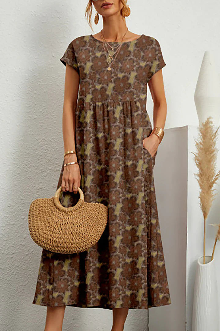 Women's Midi Dress - Floral Print - Short Sleeve - Loose Fit - Lightweight Fabric