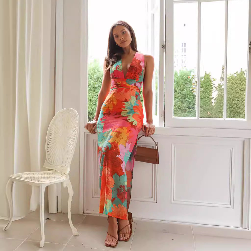 Women’s Midi Dress – Floral Print – V-Neck – Sleeveless – Waist Tie – Relaxed Fit