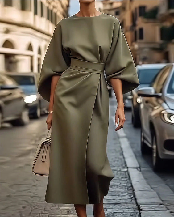 Fitted Waist Draped Silhouette Long Dress