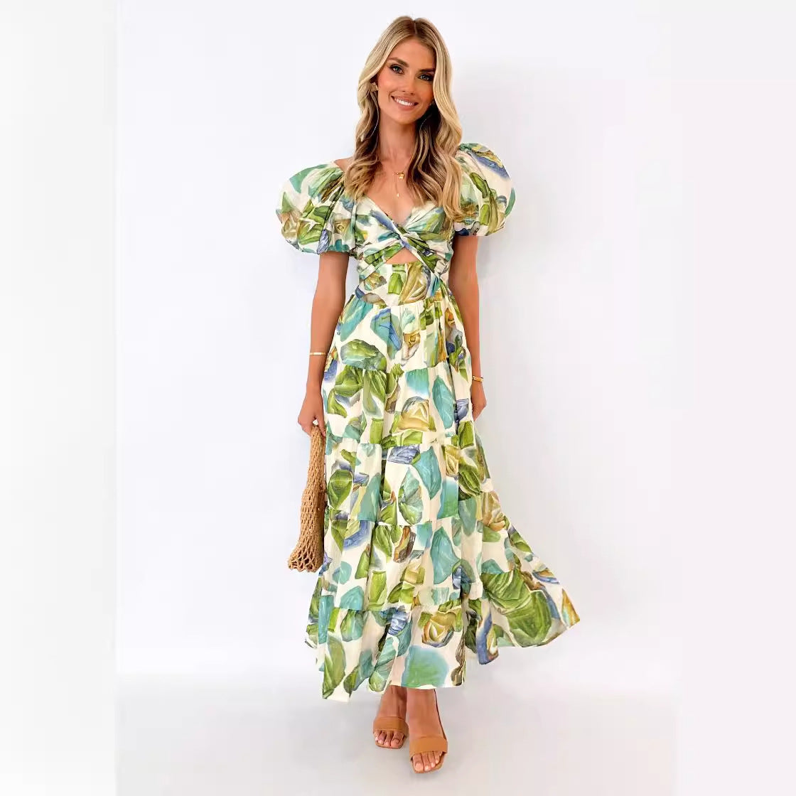 Women’s Maxi Dress – Off-Shoulder – Puff Sleeve – Smocked Waist – Tiered Skirt – Printed