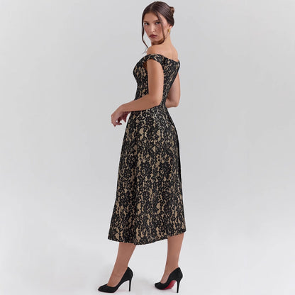 Women’s Off-Shoulder Dress – Lace Overlay – Open Back – Fitted Waist – Full Skirt