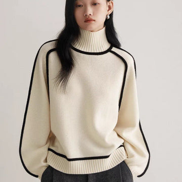 Women's fall winter half-high neck three-dimensional striped knit sweater