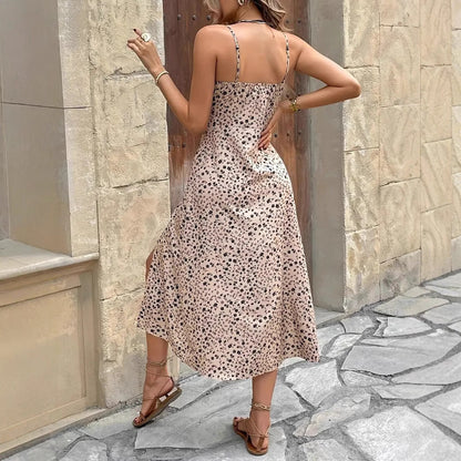 Women’s Midi Dress – Slim Fit – Spaghetti Straps – Floral Print – Side Slit – Cotton Blend