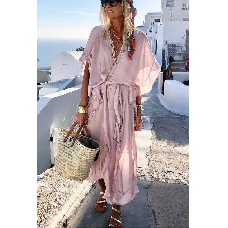 Women's Maxi Dress - Deep V-Neck - Short Sleeve - Front Tie Flowy Casual Wear