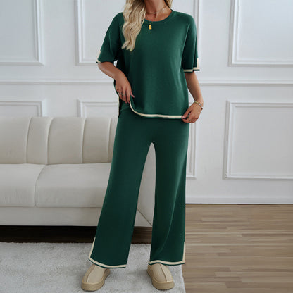 Women’s Two-Piece Knit Set – Relaxed Fit Crew Neck Top – Wide Leg Pants with Stripes