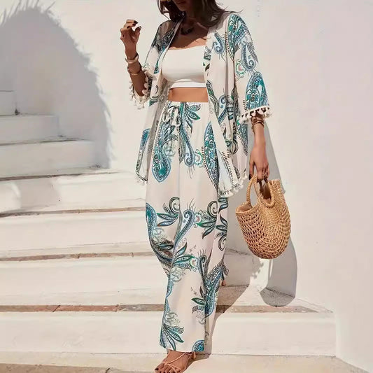 Paisley Print Relaxed Fit Kimono and Pants Set
