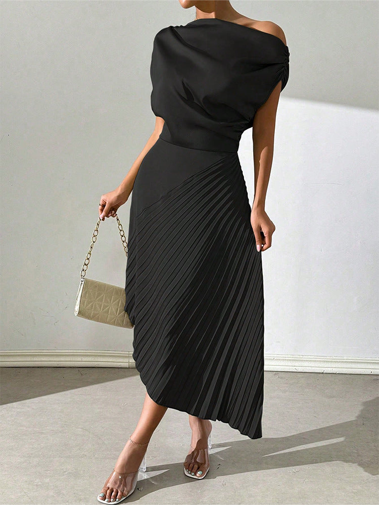 Asymmetrical Pleated One Shoulder Midi Dress