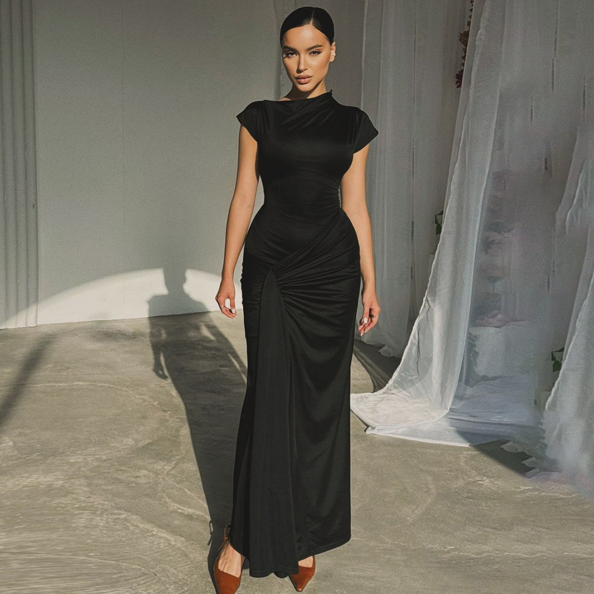 Stretch Fabric Draped Waist Full-Length Dress