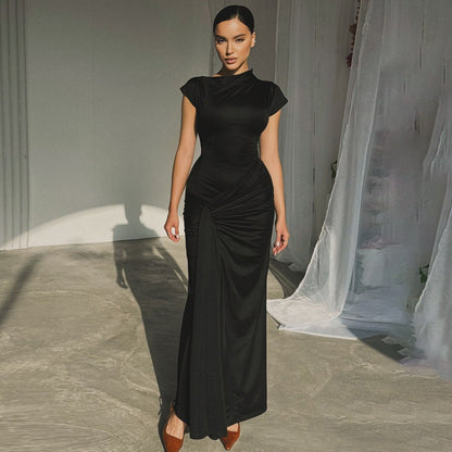 Women’s Full-Length Dress – Stretch Fabric – Draped Waist – Short Sleeve Formal Fit