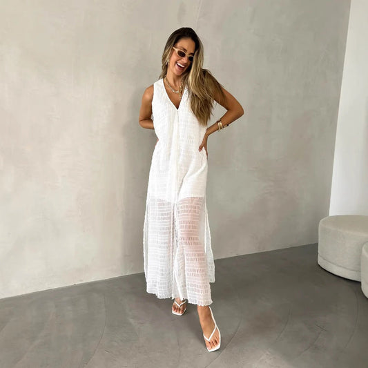 Lace Fabric Flowy Sleeveless Long Dress