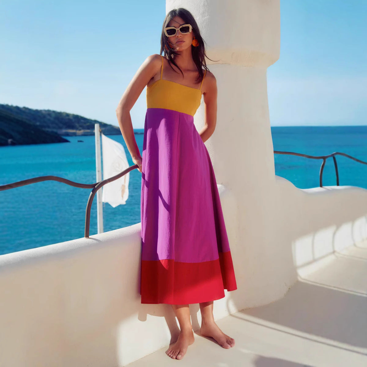 Color Block Cotton Blend A-Line Sundress