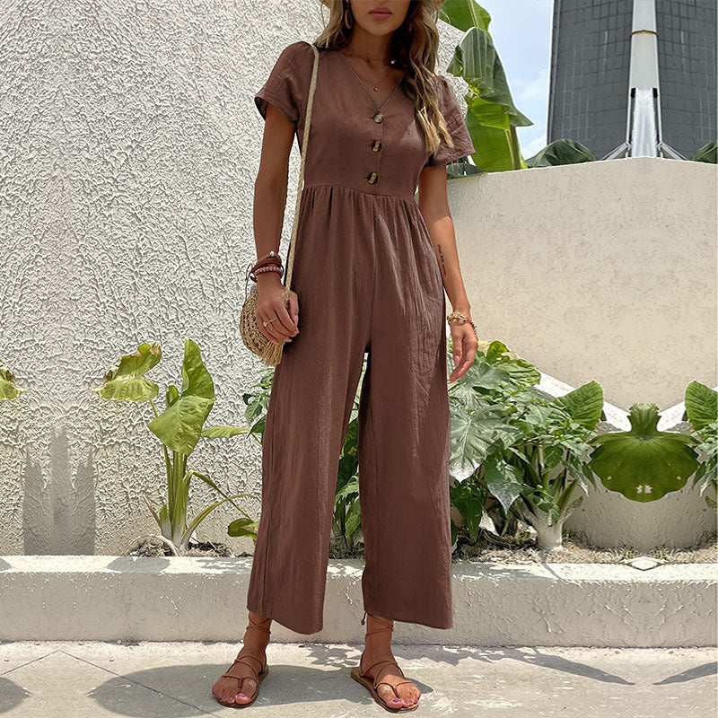 Linen Blend Relaxed Fit Wide Leg Jumpsuit