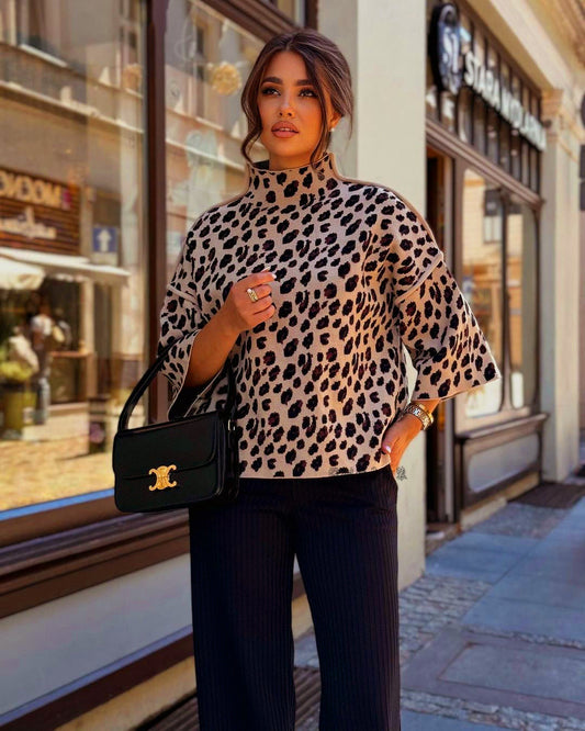 Leopard Print Loose Fit Knit Sweater 