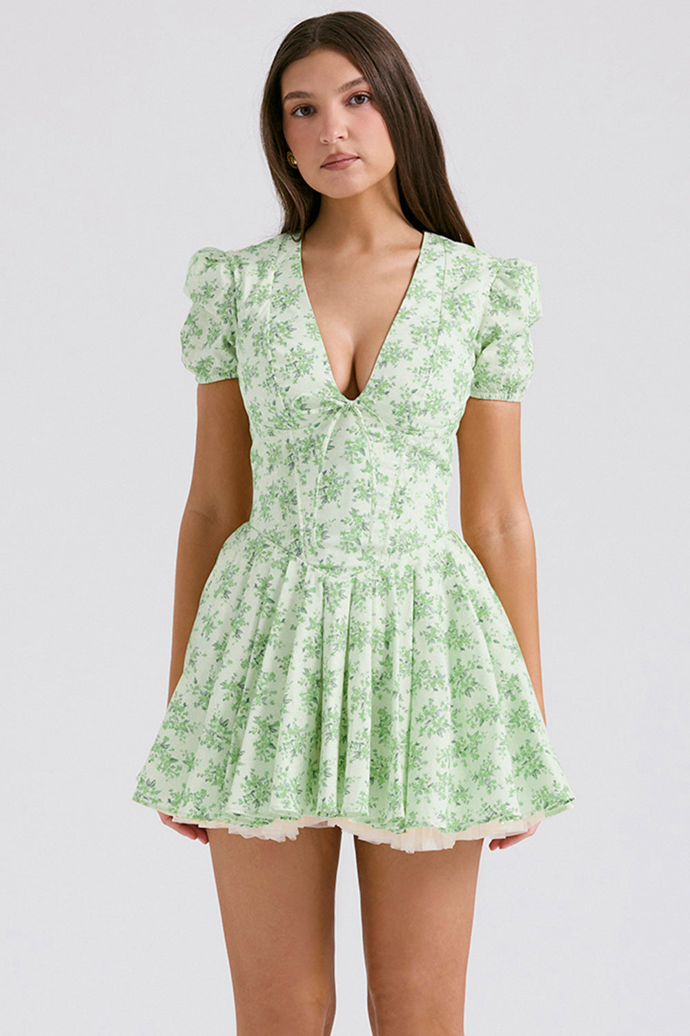 Women’s Mini Dress – Fit and Flare – Puff Sleeve – V-Neck – Floral Print – Lightweight