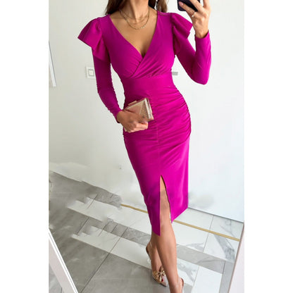 Women's Elegant Ruched Dress - Ruffled Sleeve - Deep V Neckline - Front Slit