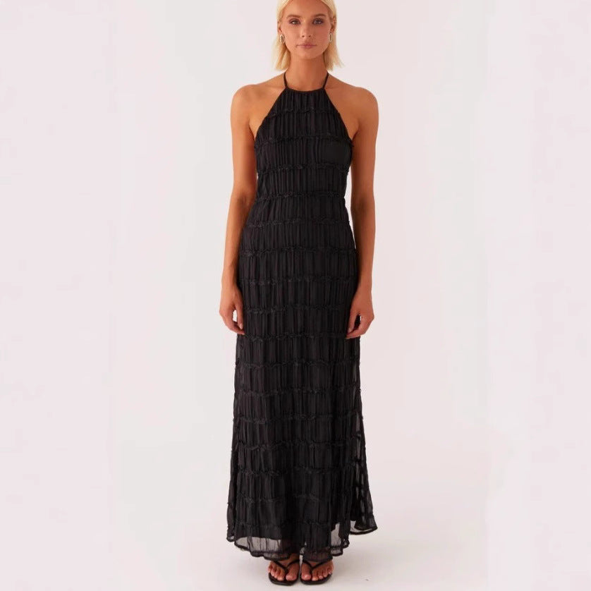 Lace Trim Halter Neck Flowy Maxi Dress