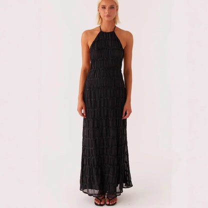Women’s Maxi Dress – Halter Neck – Ruched Bodice – Lace Trim – Flowy Fit