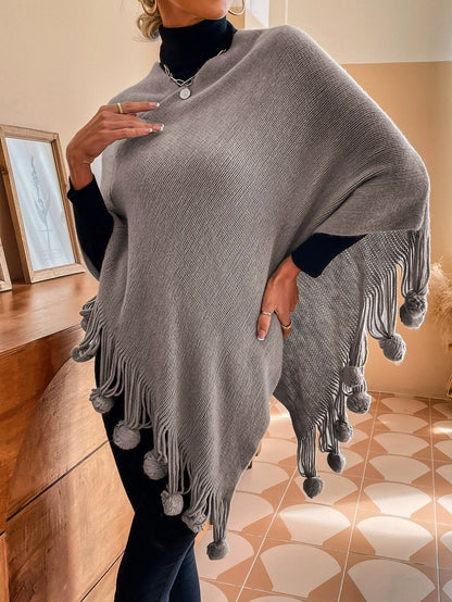 Women’s Shawl Sweater Cape – Knitted – Relaxed Fit – Tassel Fringe with Fur Pom-Poms