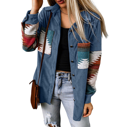 Women’s Cardigan Jacket – Corduroy Texture – Aztec Pattern – Relaxed Fit – Button-Up