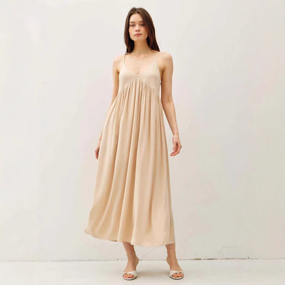 Women’s Maxi Dress – Flowy A-Line Fit – V-Neck – Spaghetti Straps – Pleated Cotton