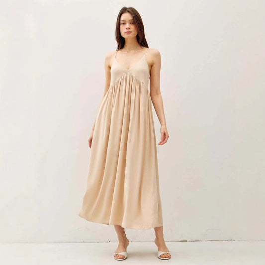 Flowy Pleated Cotton A-Line Maxi Dress
