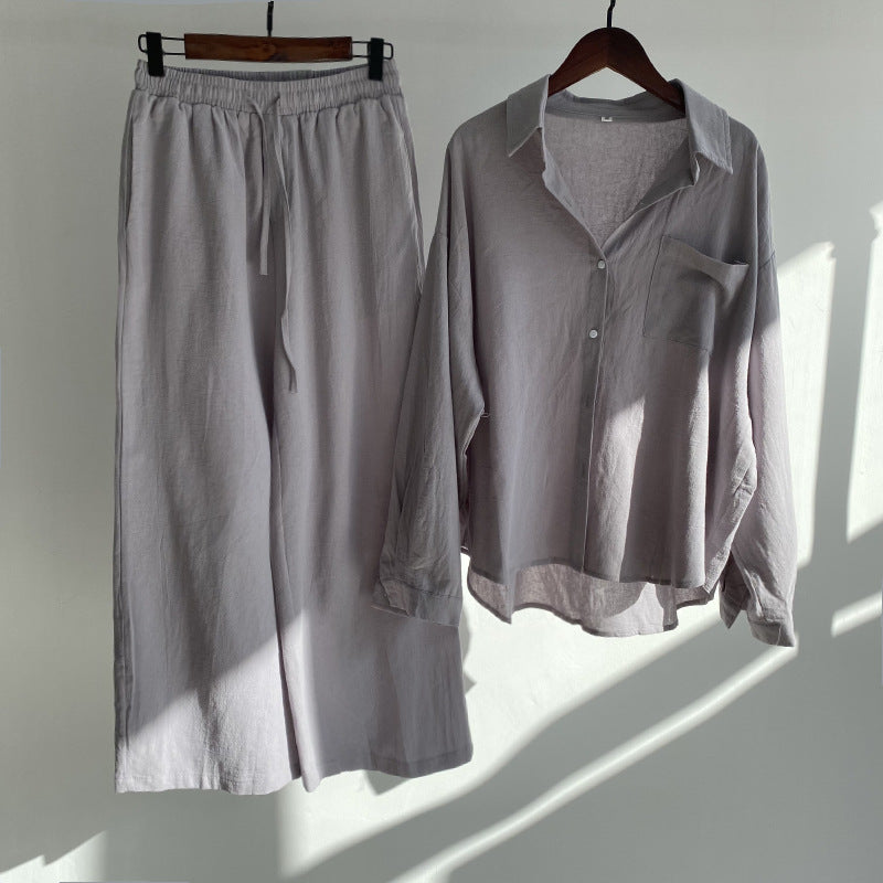 Women’s Loungewear Set - Button-Up Shirt & Wide-Leg Pants - Relaxed Fit Cotton Blend
