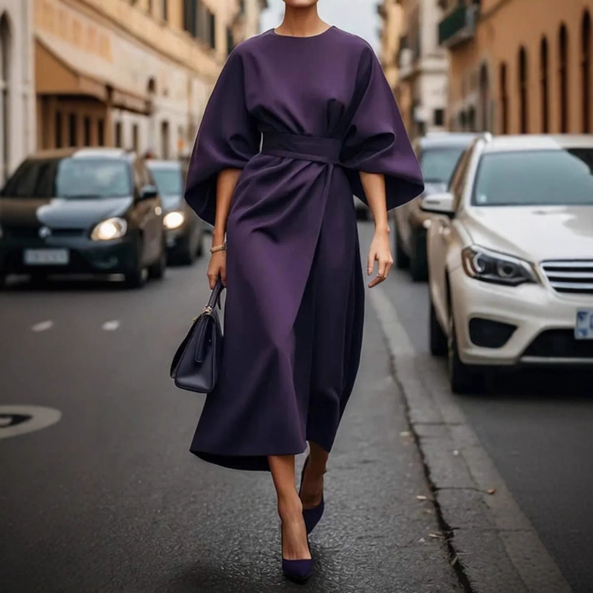 Women’s Long Dress – Batwing Sleeves – Draped Silhouette – Fitted Waist – Formal Wear