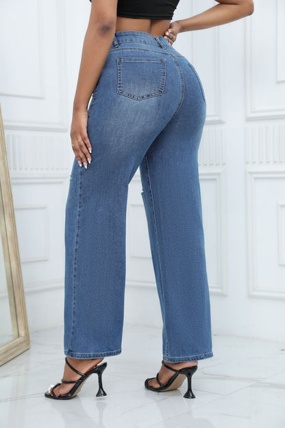 Women's mid-waist loose ripped bell-bottom jeans